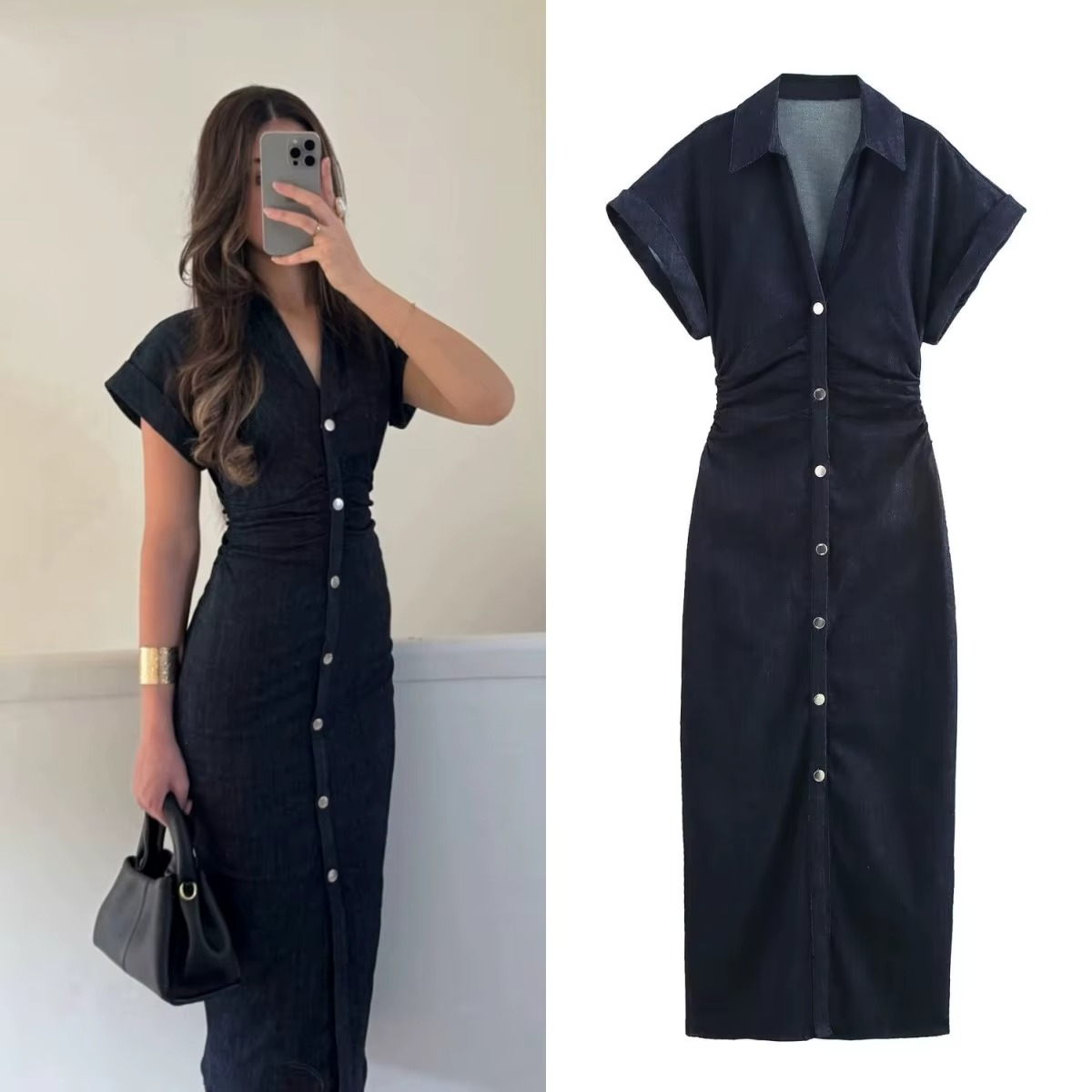 BUTTON-FRONT DENIM MIDI DRESS